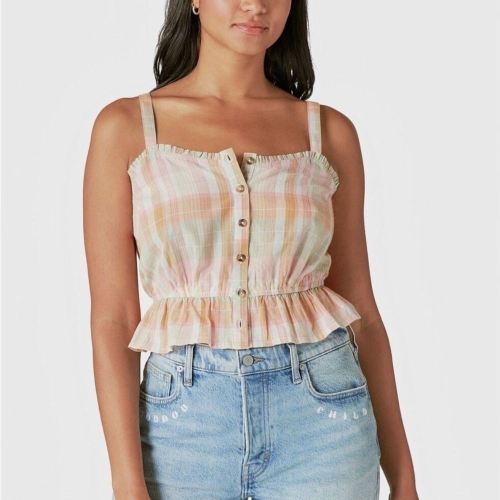 Lucky Brand Peach Plaid Print Ruffled Button Front Cotton Tank Top Size XL NWT